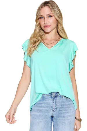 Basic Bae Bamboo Notched Ruffled T Shirt Short Sleeve Soft Stylish Eco Friendly Top
