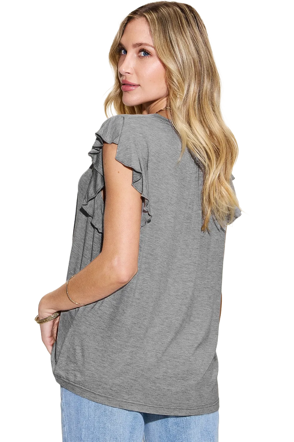 Basic Bae Bamboo Notched Ruffled T Shirt Short Sleeve Soft Stylish Eco Friendly Top
