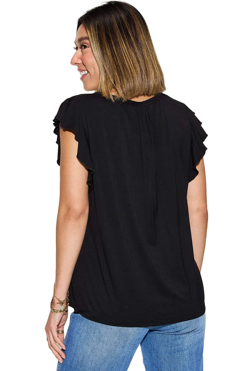 Basic Bae Bamboo Notched Ruffled T Shirt Short Sleeve Soft Stylish Eco Friendly Top