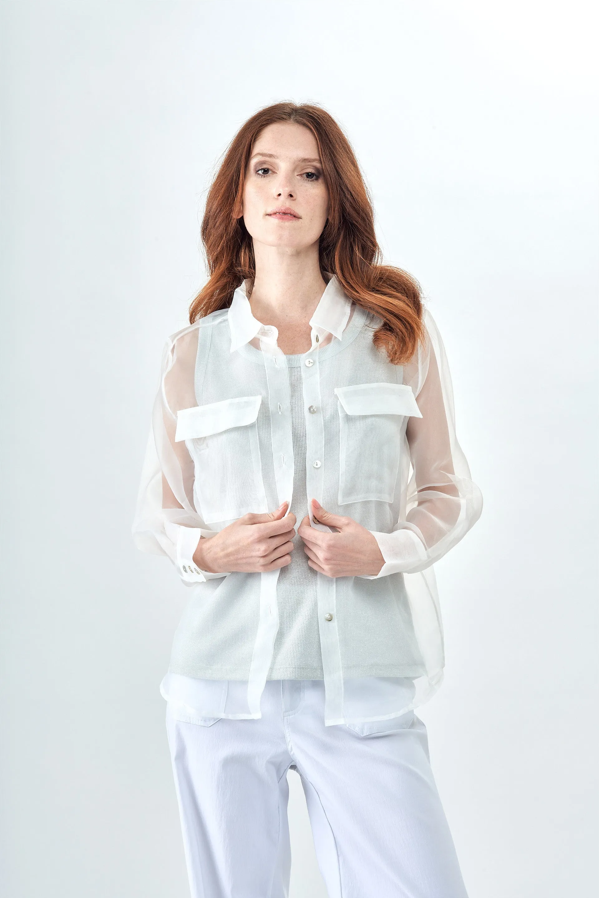 BCT10157A Sheer Organza Button Up Top