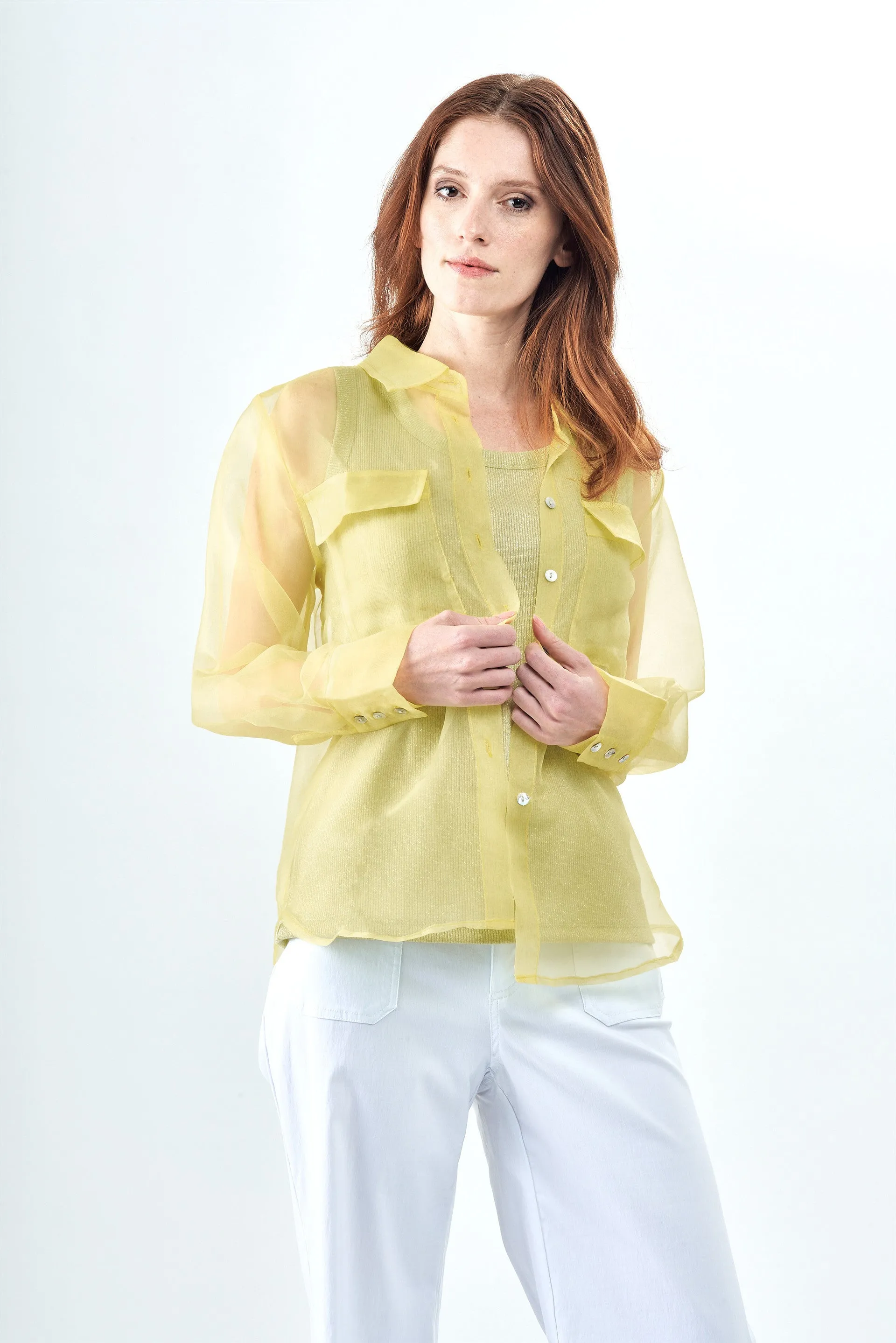 BCT10157A Sheer Organza Button Up Top