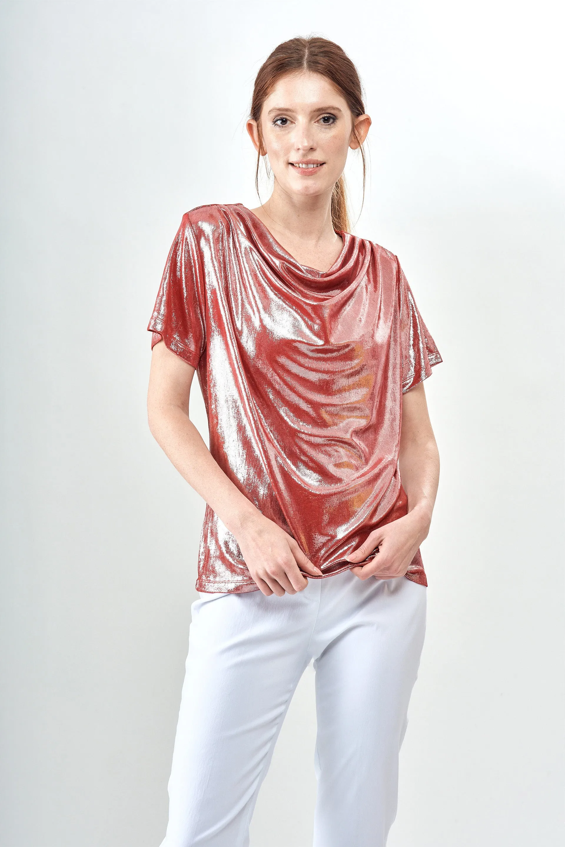 BCT5715C Cowl Neck Metallic Knit Top