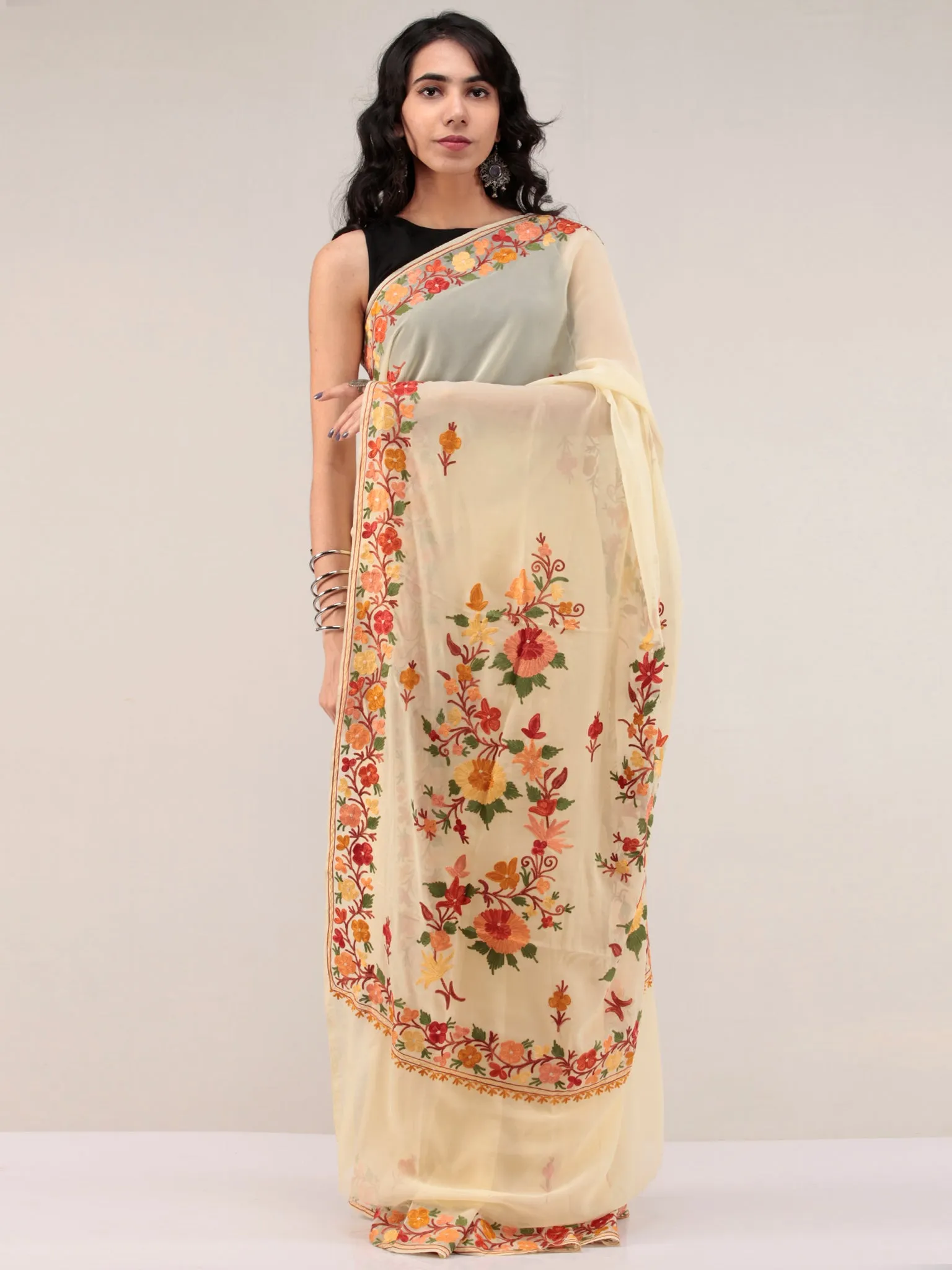 Beige Aari Embroidered Georgette Saree From Kashmir - S031704664