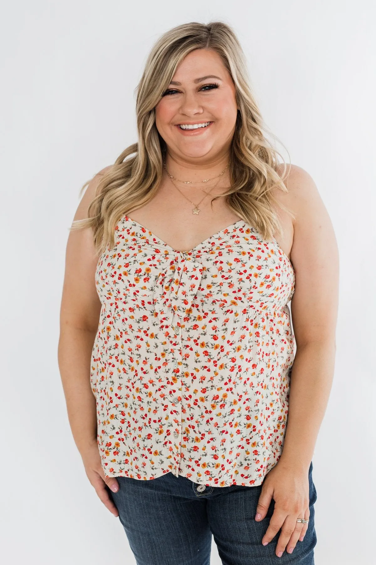 Better Than I Was Floral Bow Tie Tank Top- Ivory Multi