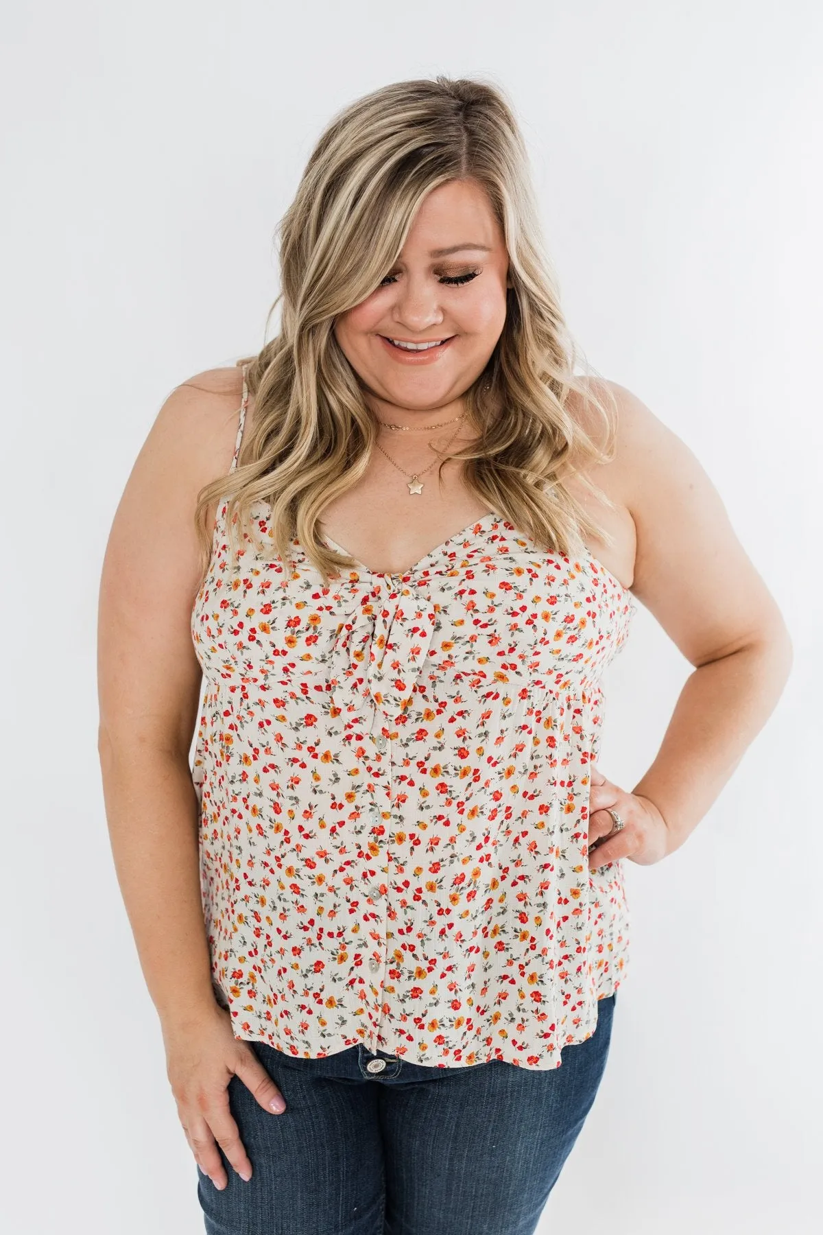 Better Than I Was Floral Bow Tie Tank Top- Ivory Multi