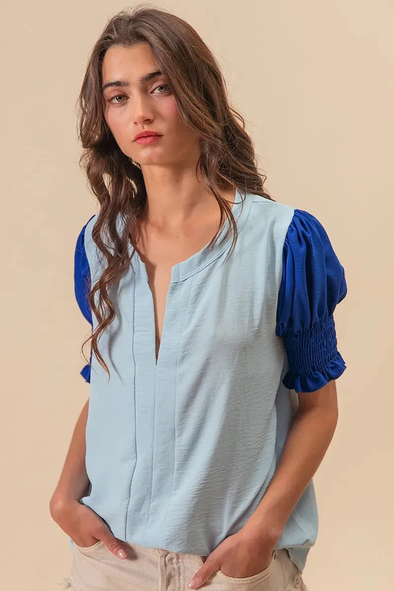 BiBi Air Flow Color Block Puff Sleeves V Neck Top