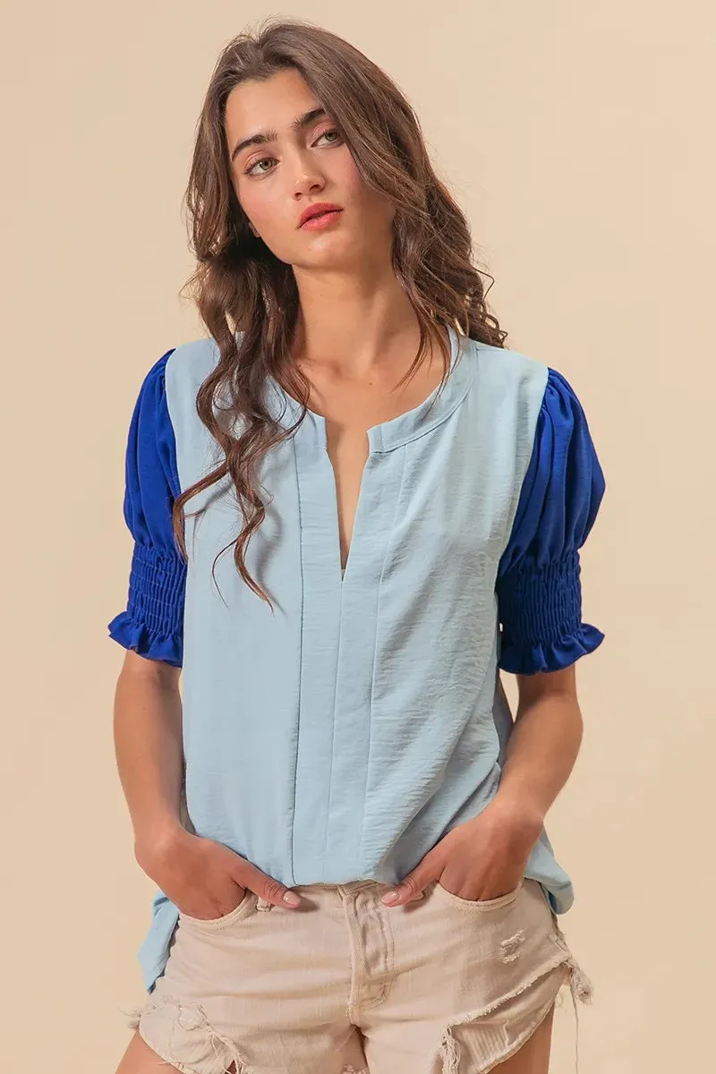 BiBi Air Flow Color Block Puff Sleeves V Neck Top