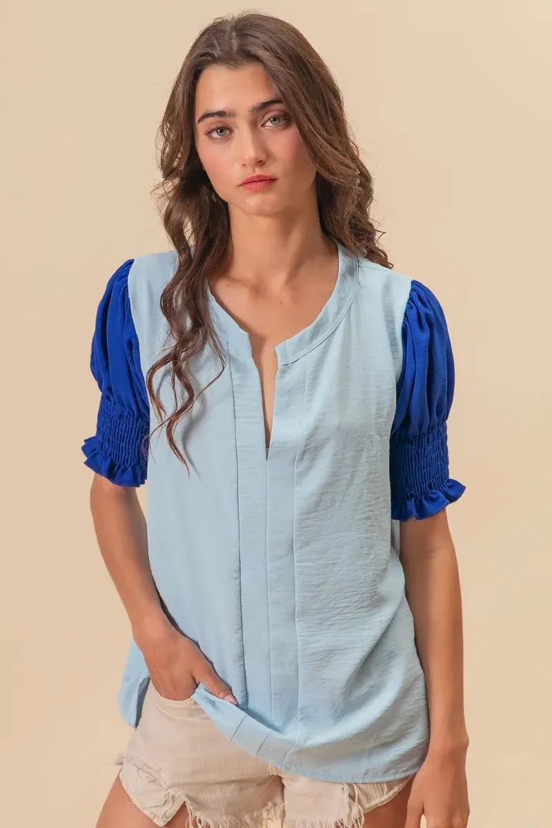 BiBi Air Flow Color Block Puff Sleeves V Neck Top