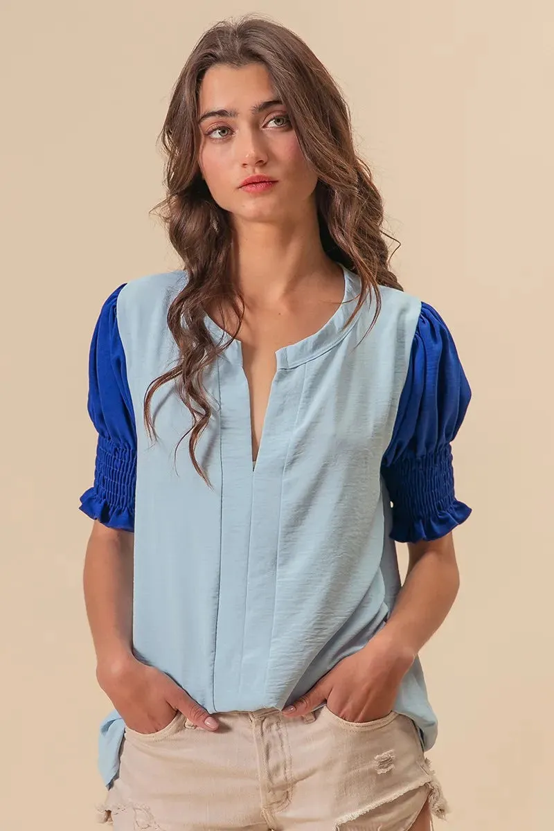 BiBi Air Flow Color Block Puff Sleeves V Neck Top