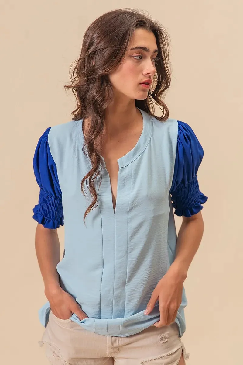BiBi Air Flow Color Block Puff Sleeves V Neck Top