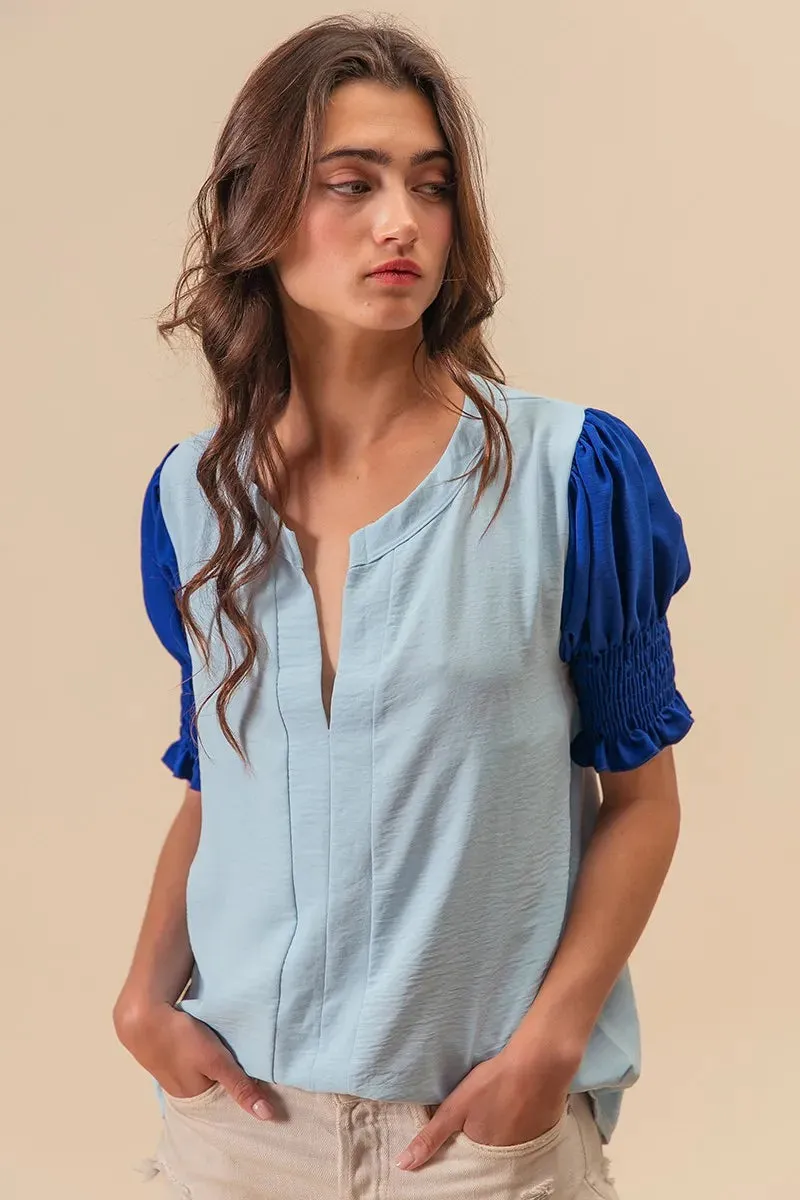 BiBi Air Flow Color Block Puff Sleeves V Neck Top