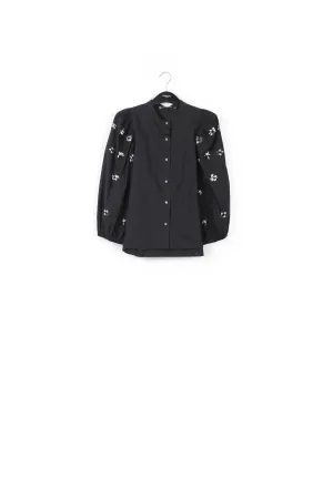 Black cotton-poplin embroidered puffed-sleeve shirt