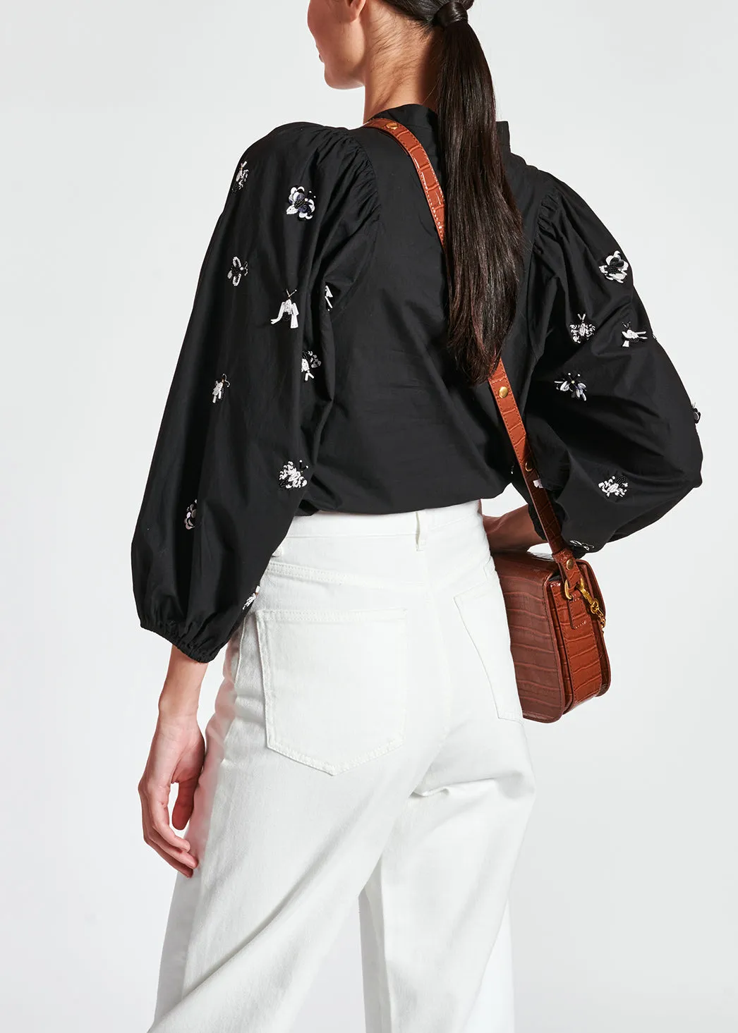 Black cotton-poplin embroidered puffed-sleeve shirt