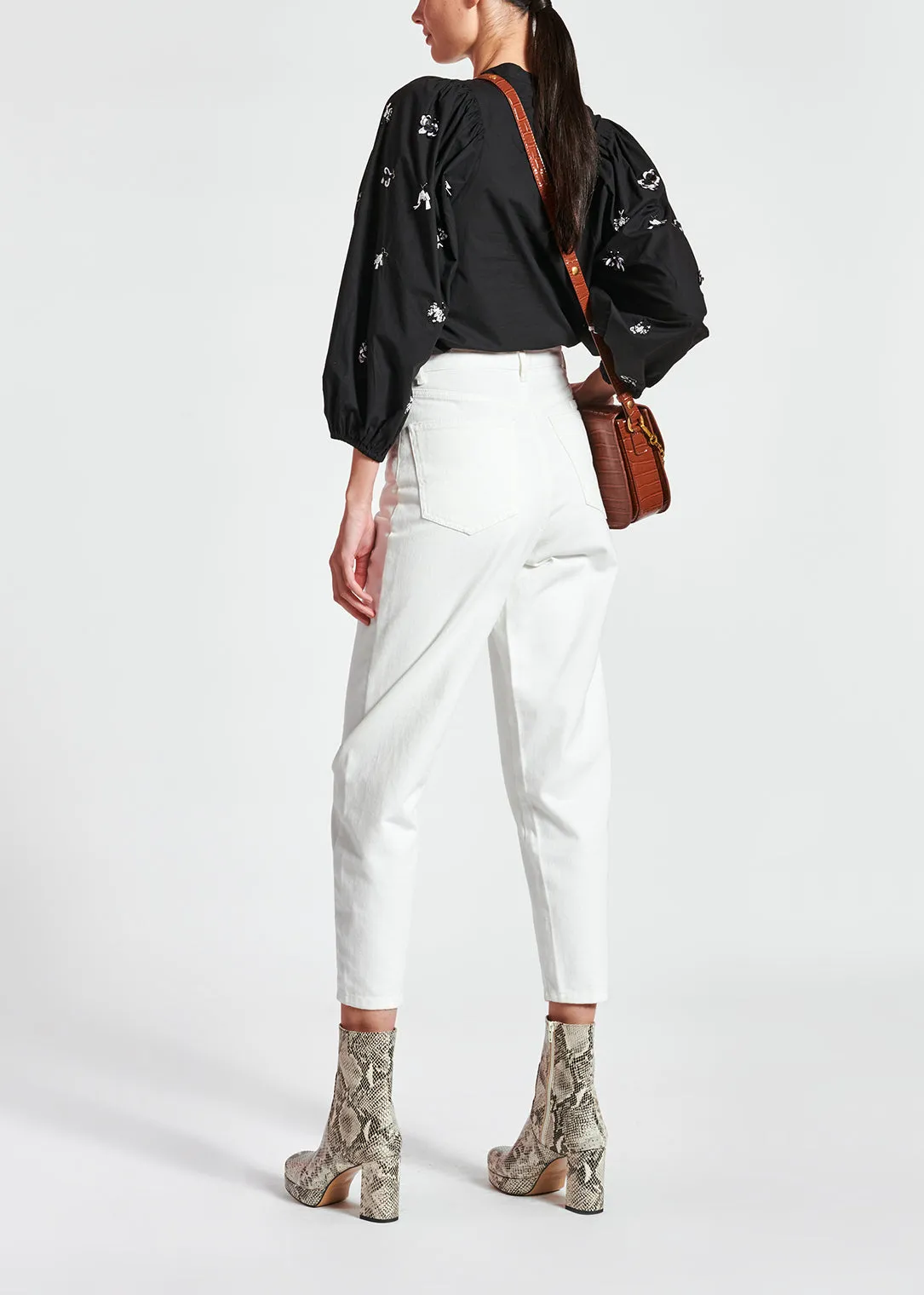 Black cotton-poplin embroidered puffed-sleeve shirt