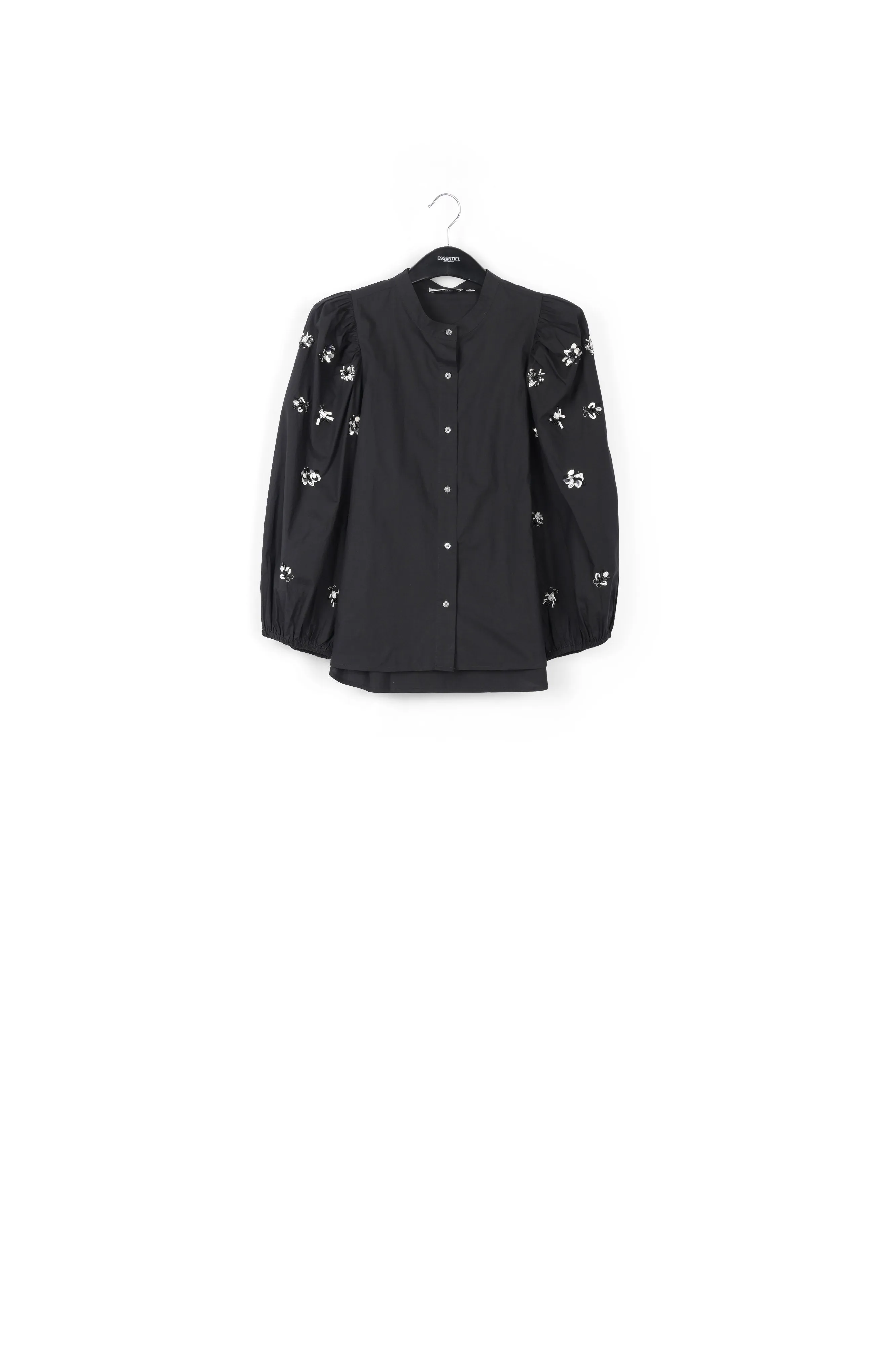 Black cotton-poplin embroidered puffed-sleeve shirt