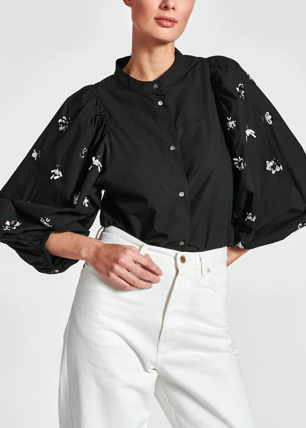 Black cotton-poplin embroidered puffed-sleeve shirt