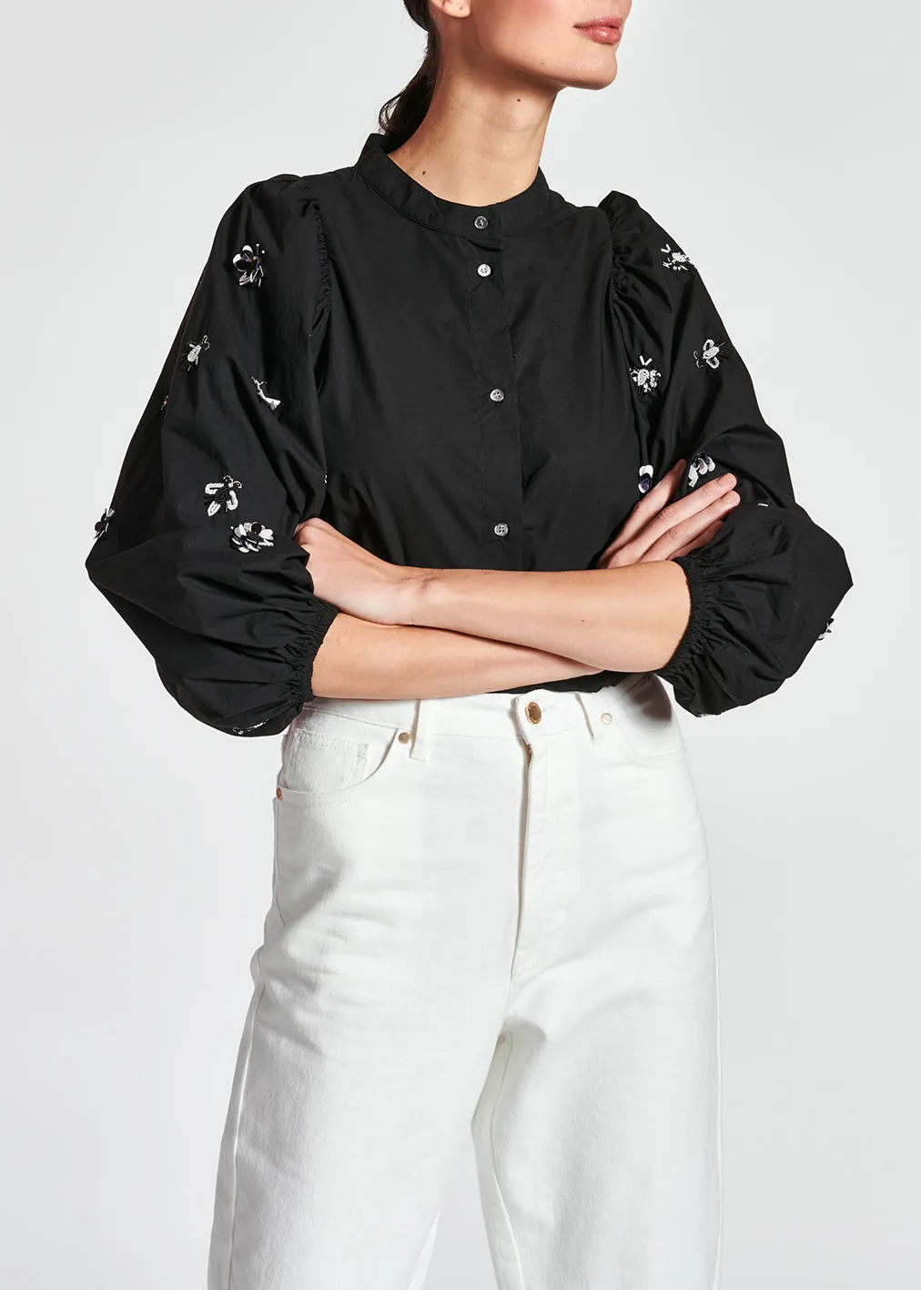 Black cotton-poplin embroidered puffed-sleeve shirt