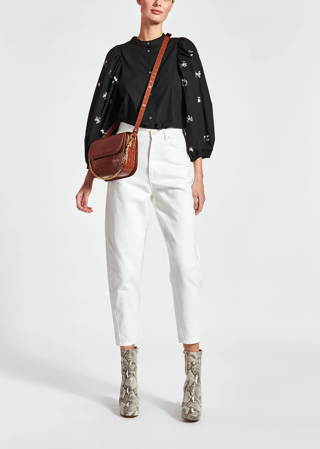 Black cotton-poplin embroidered puffed-sleeve shirt