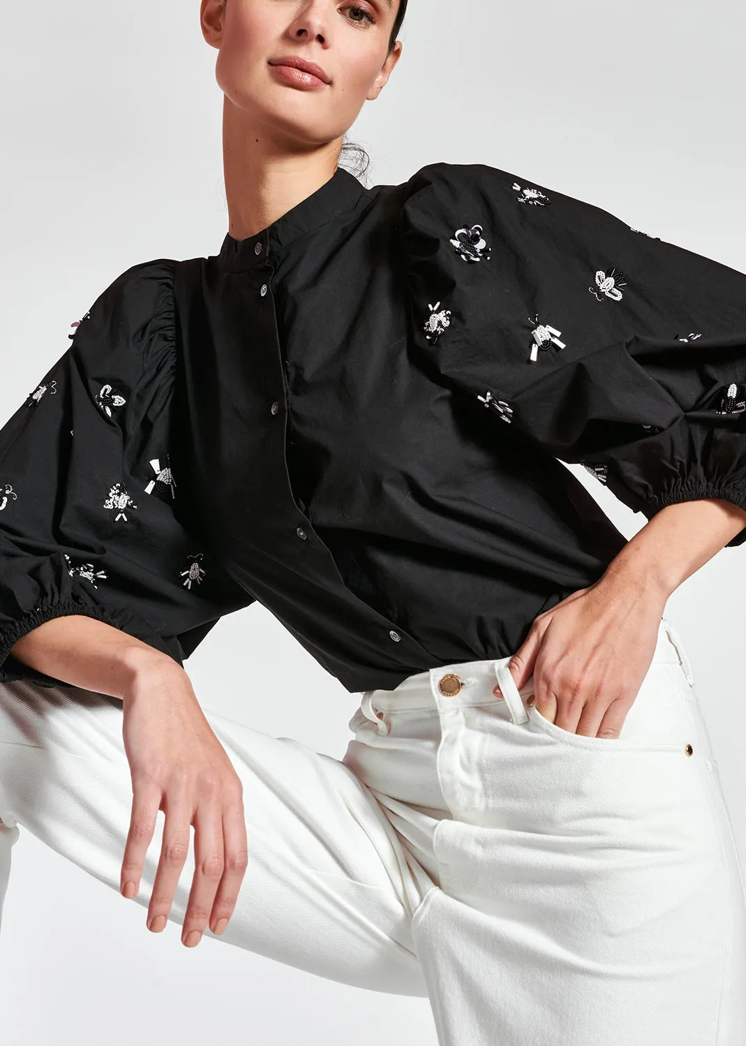 Black cotton-poplin embroidered puffed-sleeve shirt