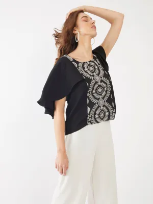 Black Embroidered Straight Top