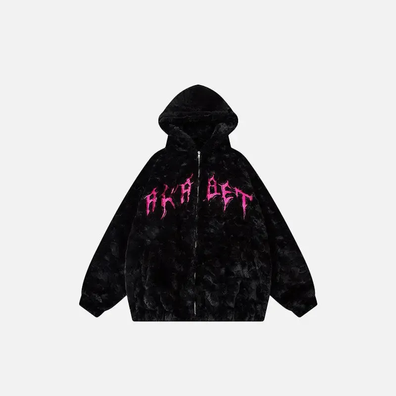 Black Fuzzy Embroidery Y2K Jacket for Nostalgic Style