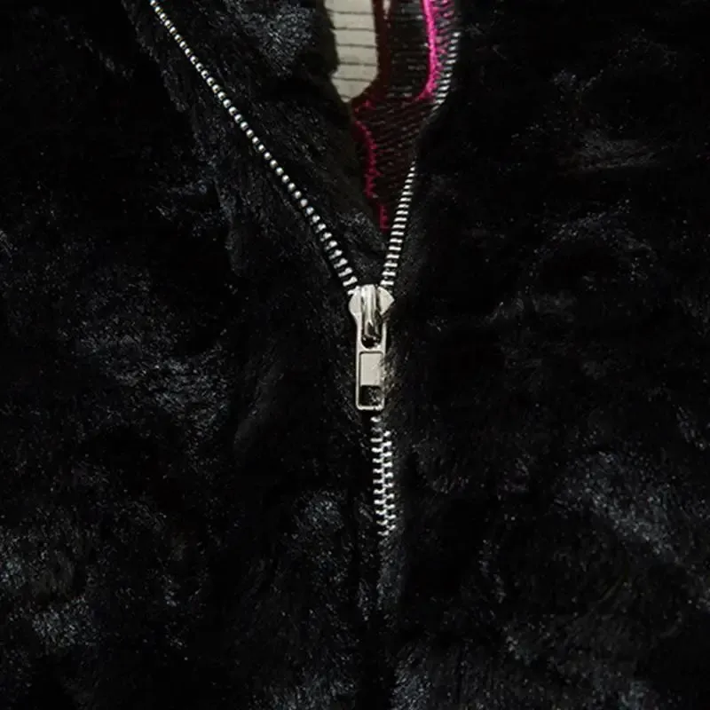 Black Fuzzy Embroidery Y2K Jacket for Nostalgic Style