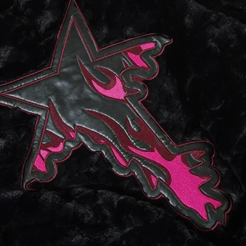 Black Fuzzy Embroidery Y2K Jacket for Nostalgic Style