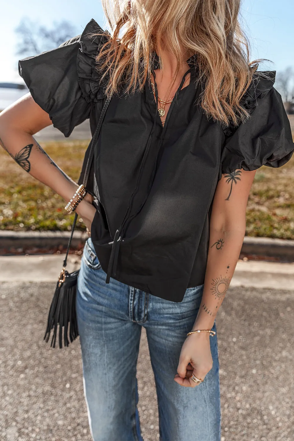 Black Ruffled Puff Short Sleeve Loose Blouse for Women