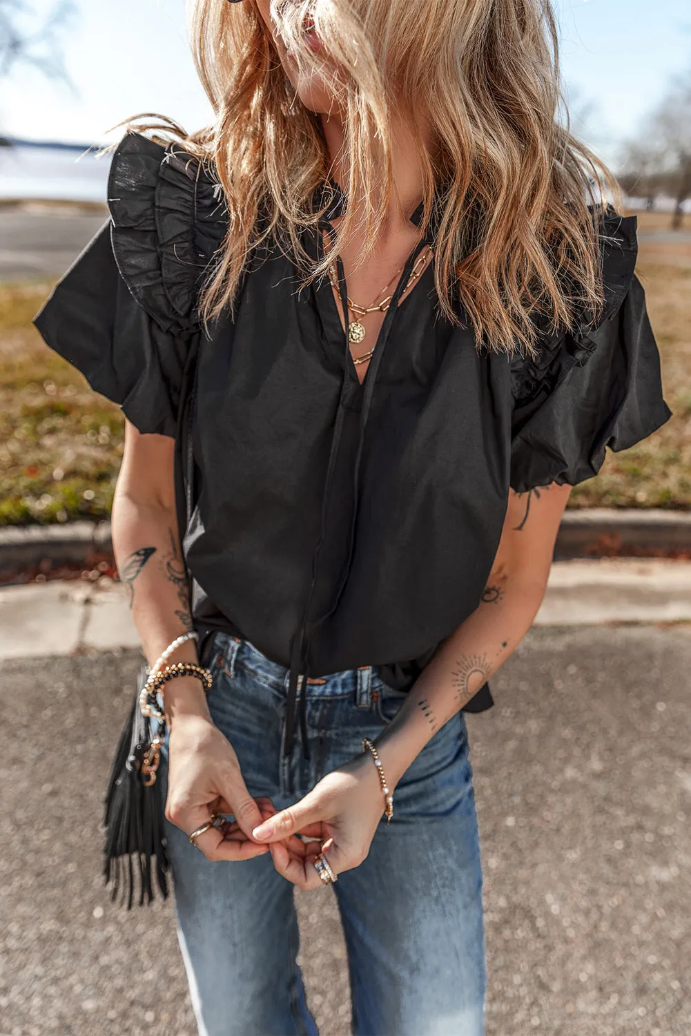 Black Ruffled Puff Short Sleeve Loose Blouse for Women