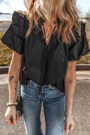 Black Ruffled Puff Short Sleeve Loose Blouse for Women