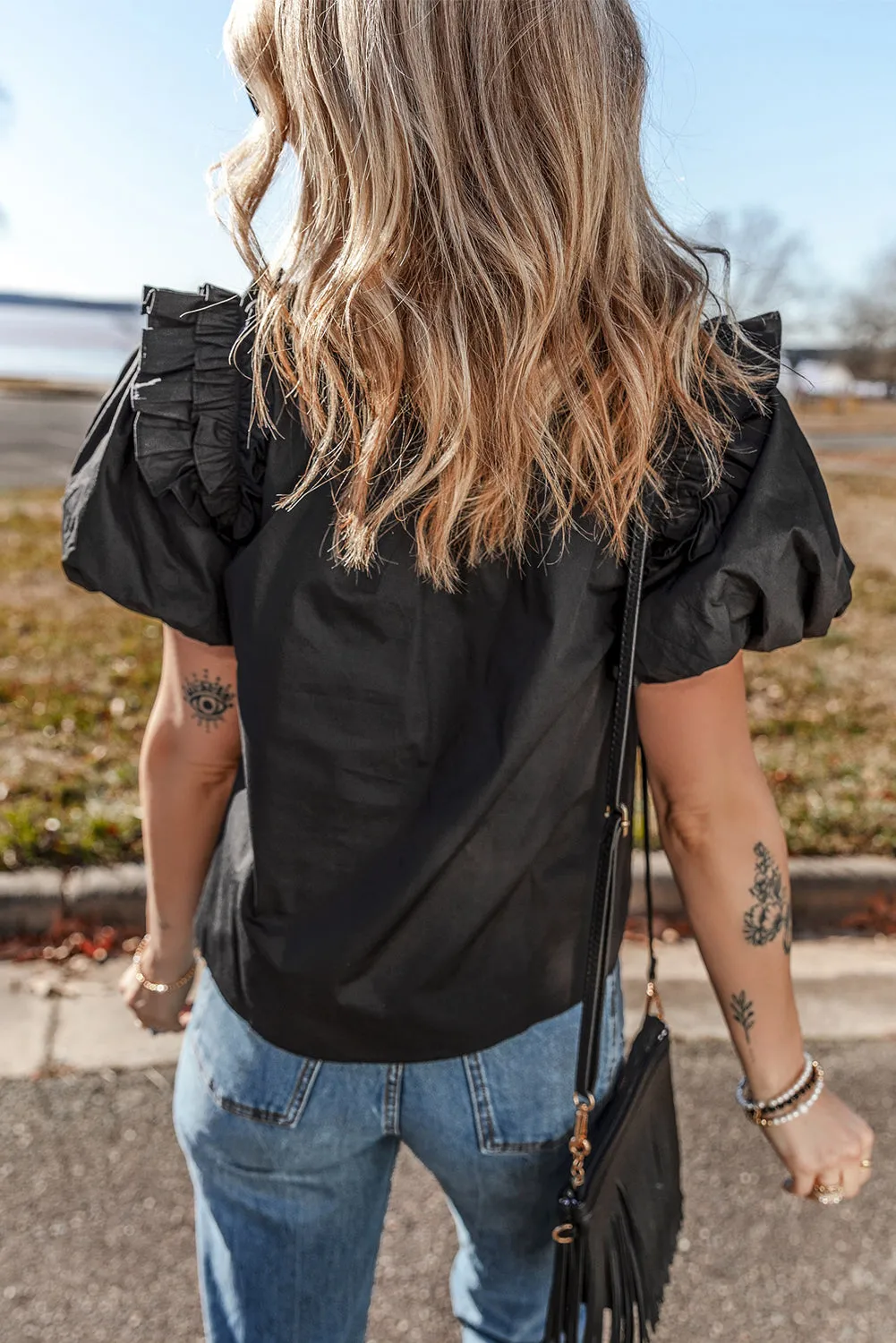Black Ruffled Puff Short Sleeve Loose Blouse for Women