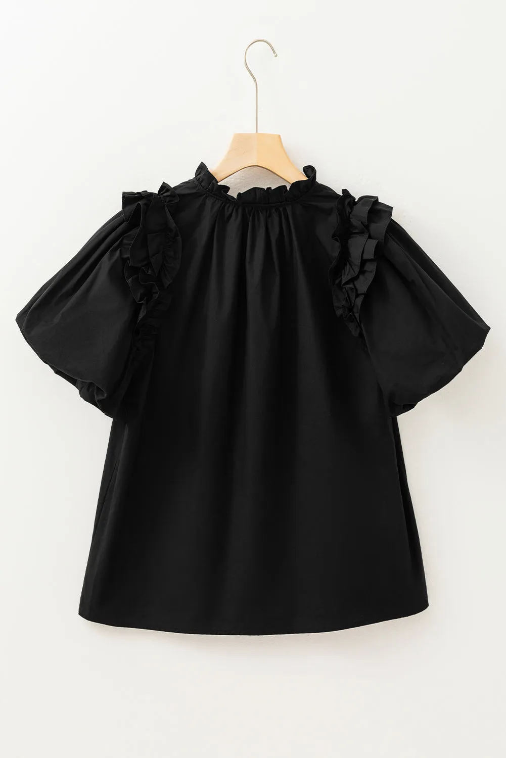 Black Ruffled Puff Short Sleeve Loose Blouse for Women