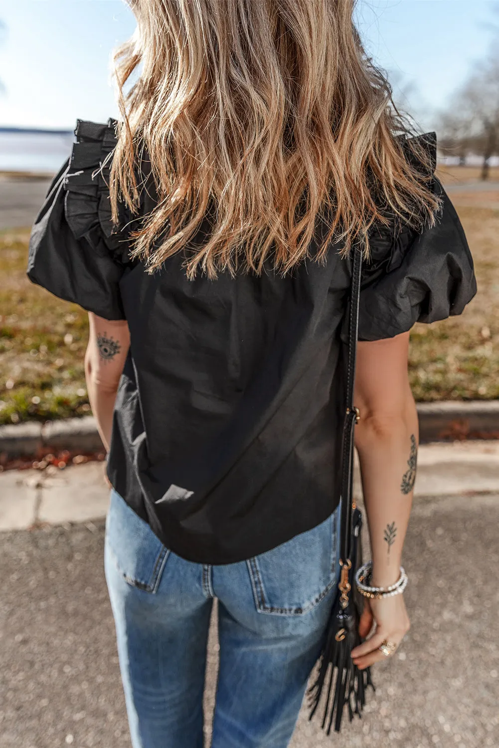Black Ruffled Puff Short Sleeve Loose Blouse for Women