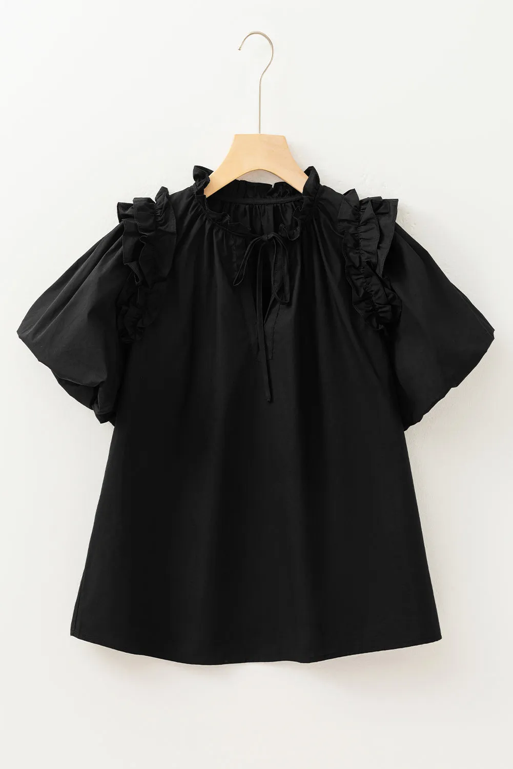 Black Ruffled Puff Short Sleeve Loose Blouse for Women