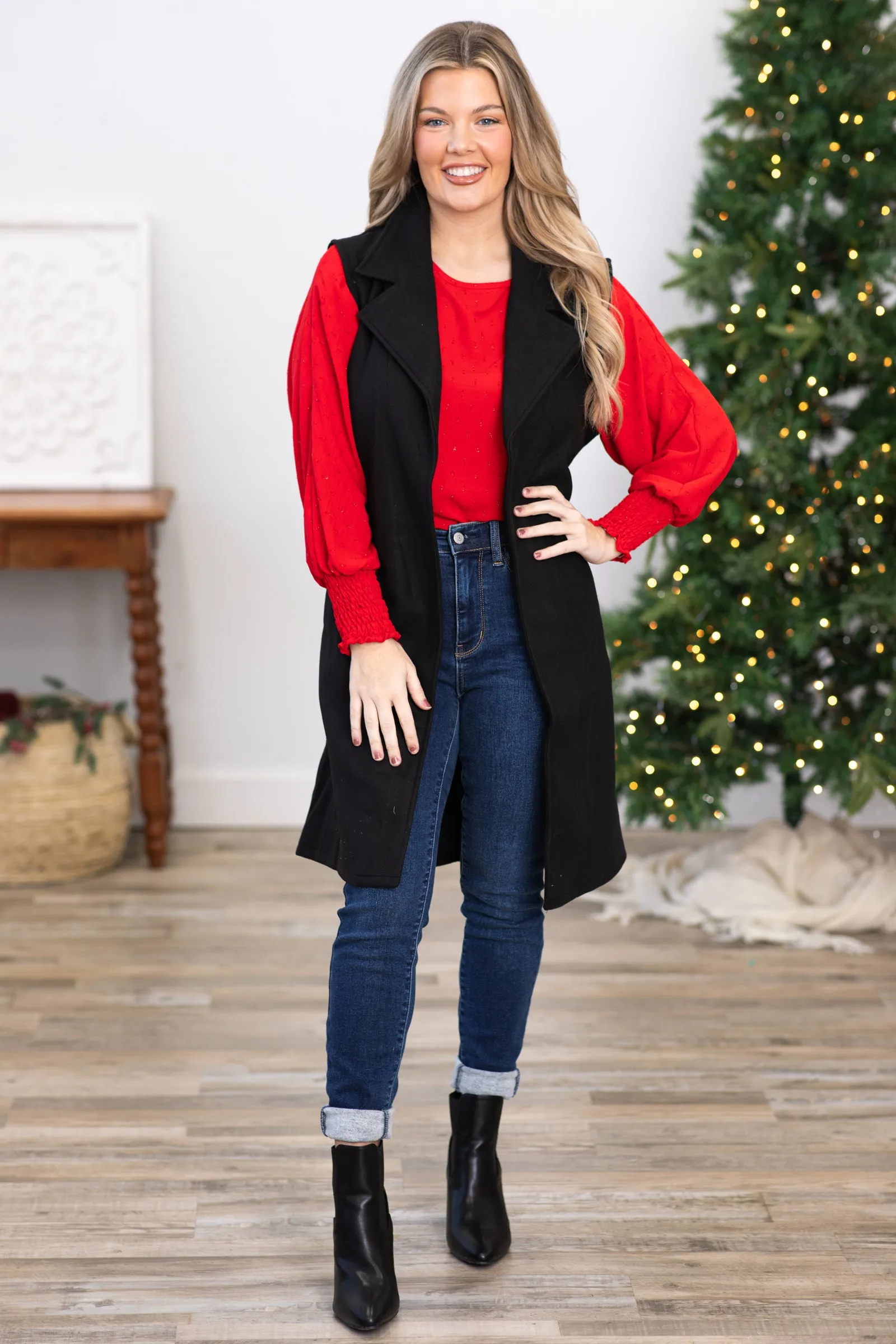 Black Self Tie Lapeled Collared Vest