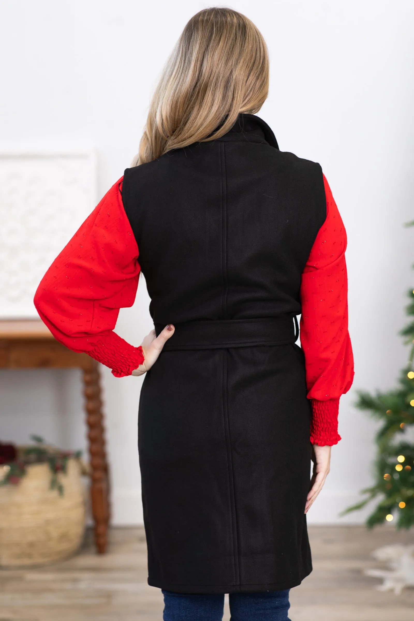 Black Self Tie Lapeled Collared Vest