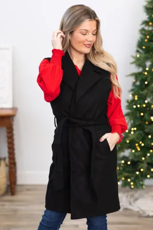 Black Self Tie Lapeled Collared Vest