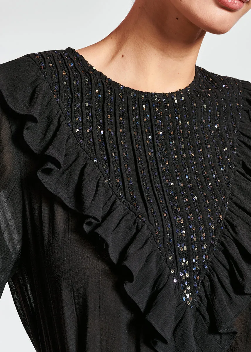 Black sequin-embroidered top with ruffles