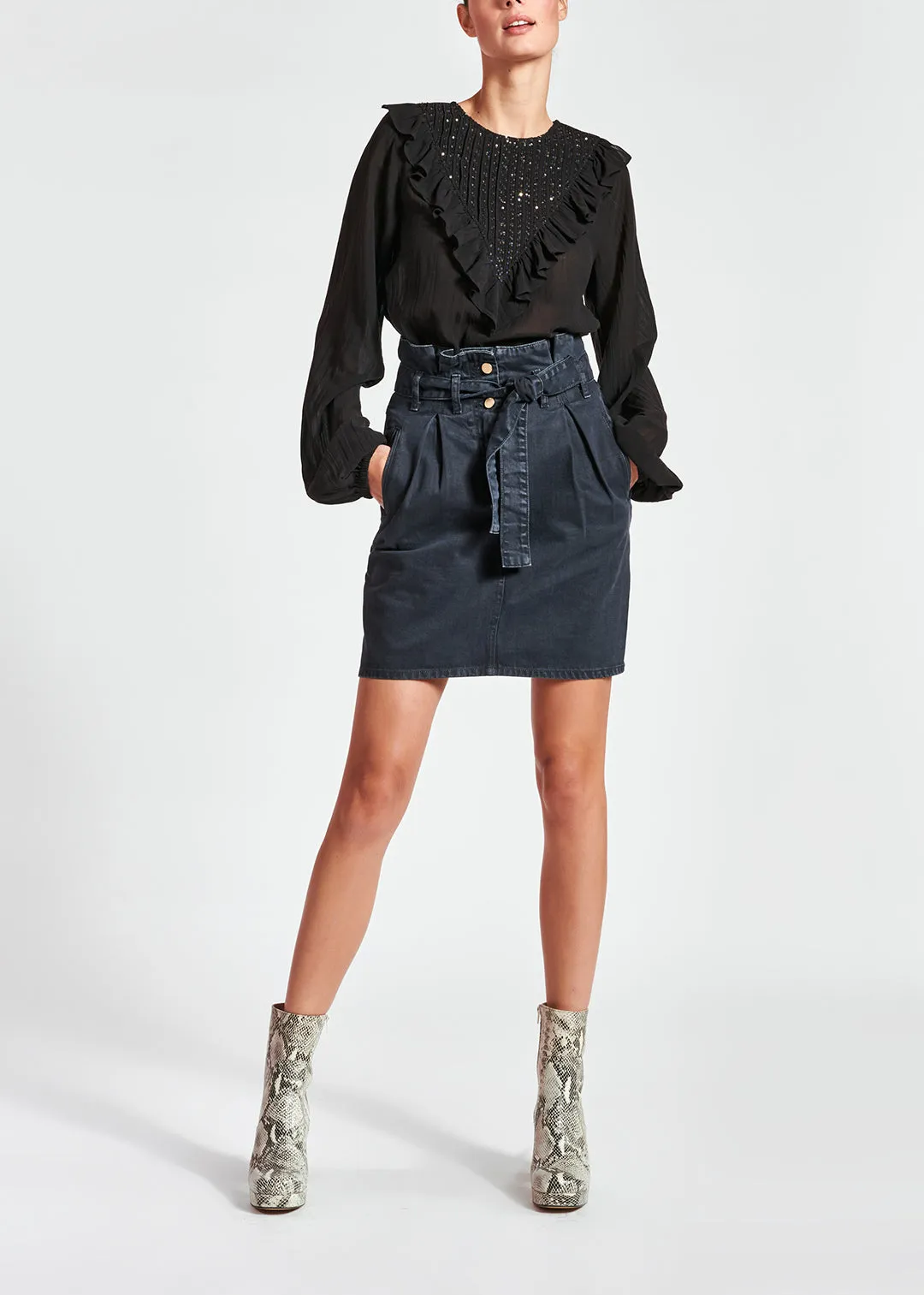 Black sequin-embroidered top with ruffles