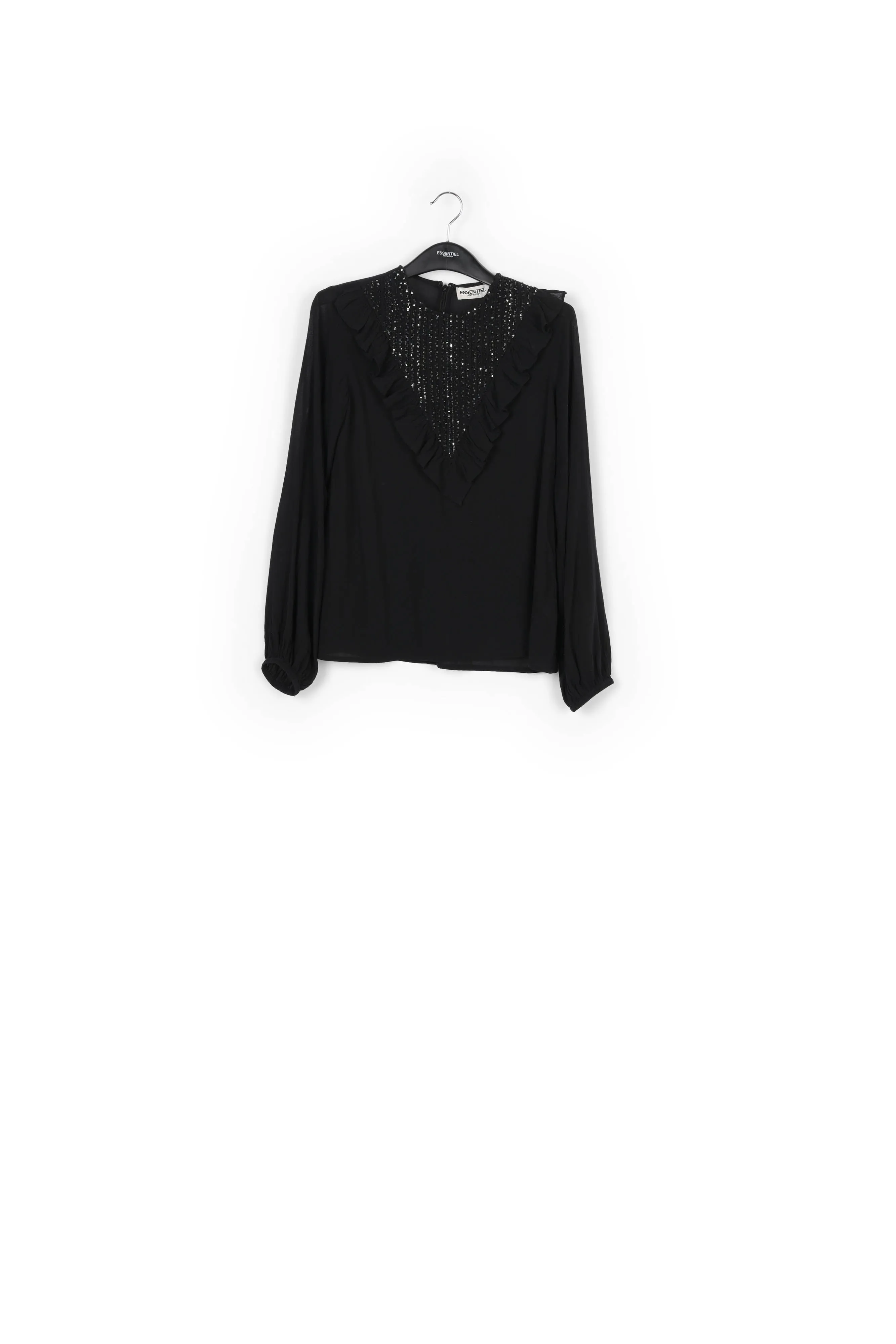 Black sequin-embroidered top with ruffles