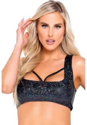Black Shimmer Crop Top With Strap Detail
