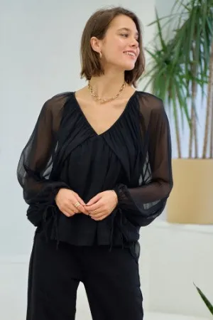 Black Shirred Blouse with Sheer Balloon Sleeve
