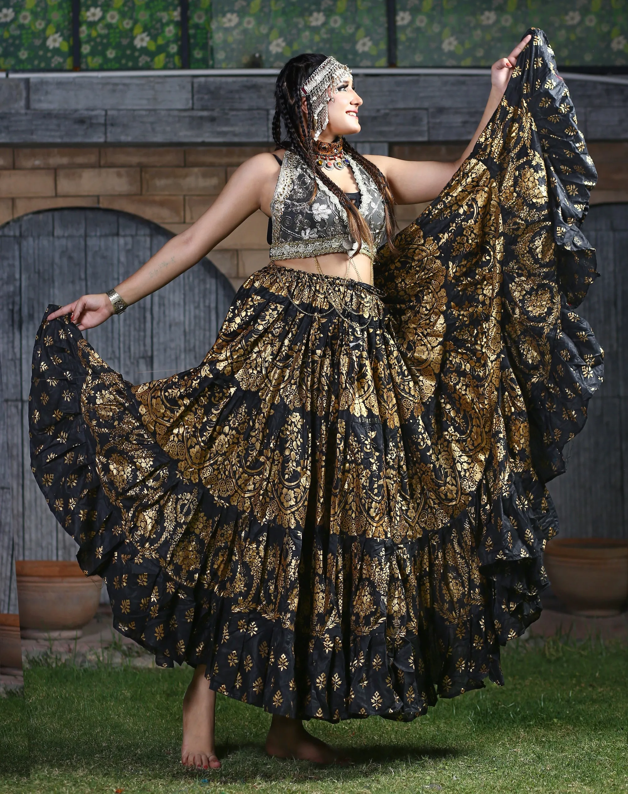 Block print Assuit pattern skirt Oriental Border Black/Gold WLS