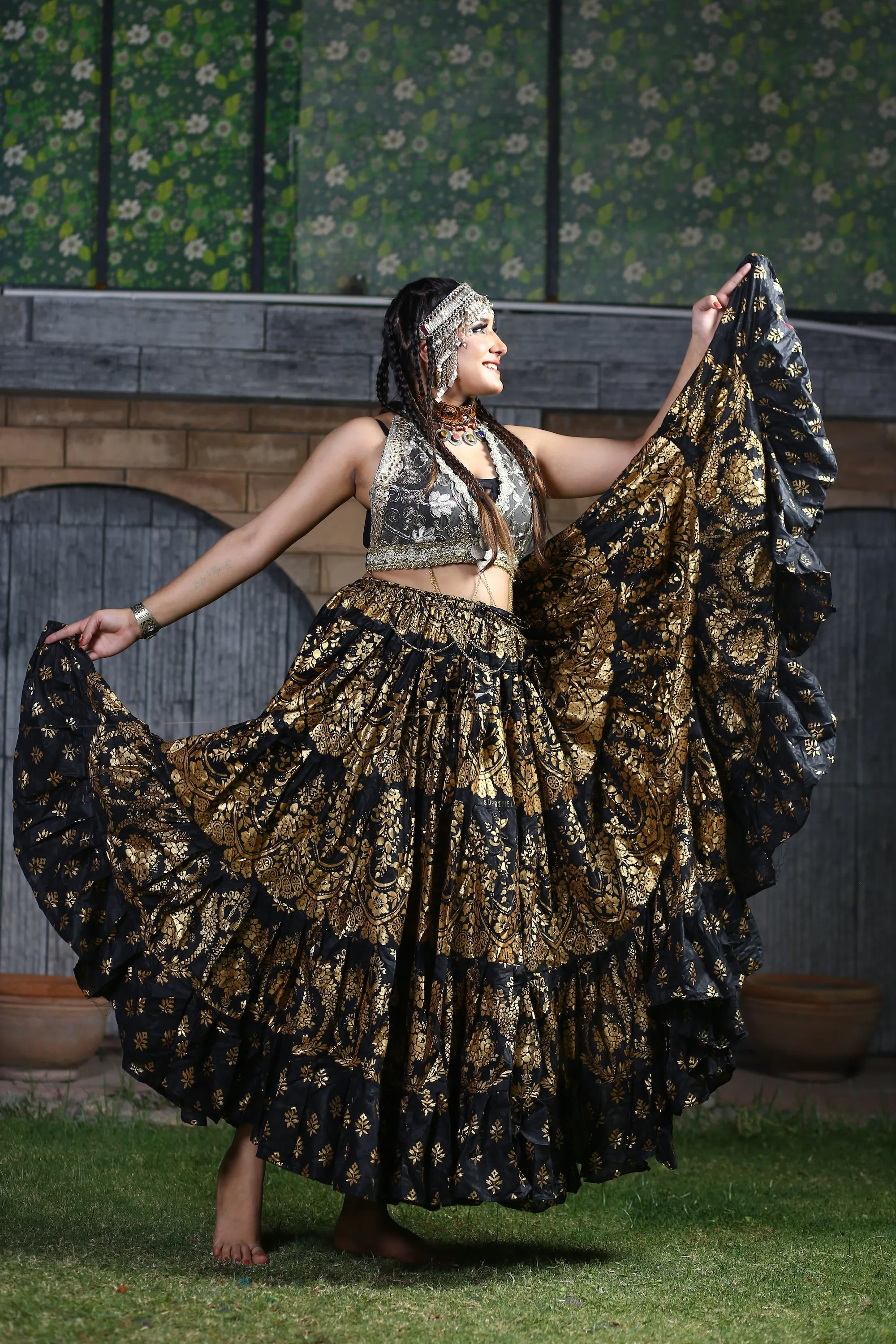 Block print Assuit pattern skirt Oriental Border Black/Gold WLS