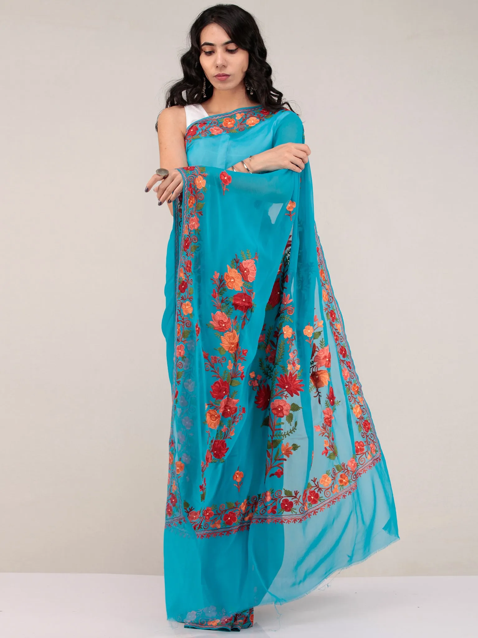 Blue Aari Embroidered Georgette Saree From Kashmir - S031704677