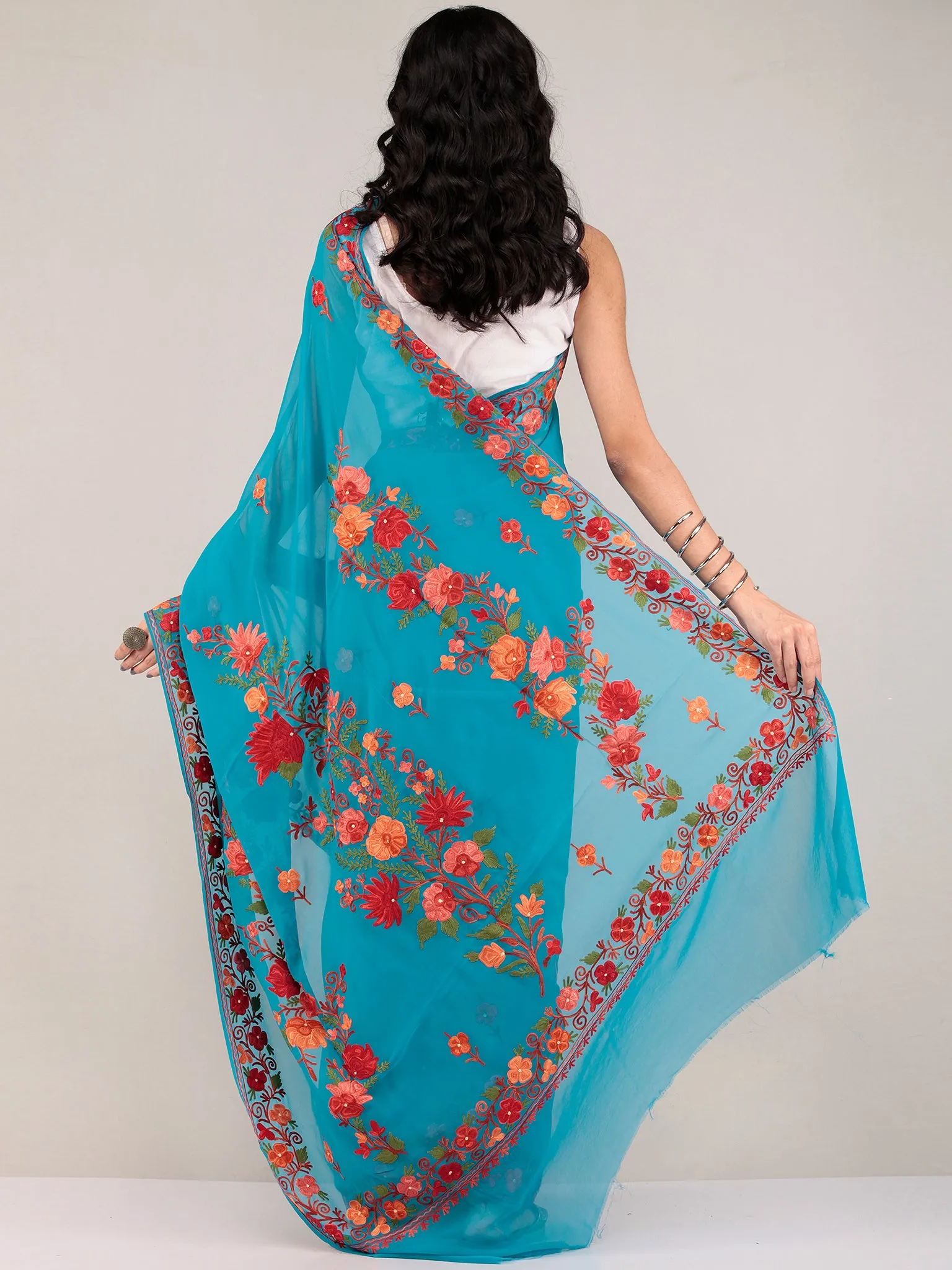 Blue Aari Embroidered Georgette Saree From Kashmir - S031704677