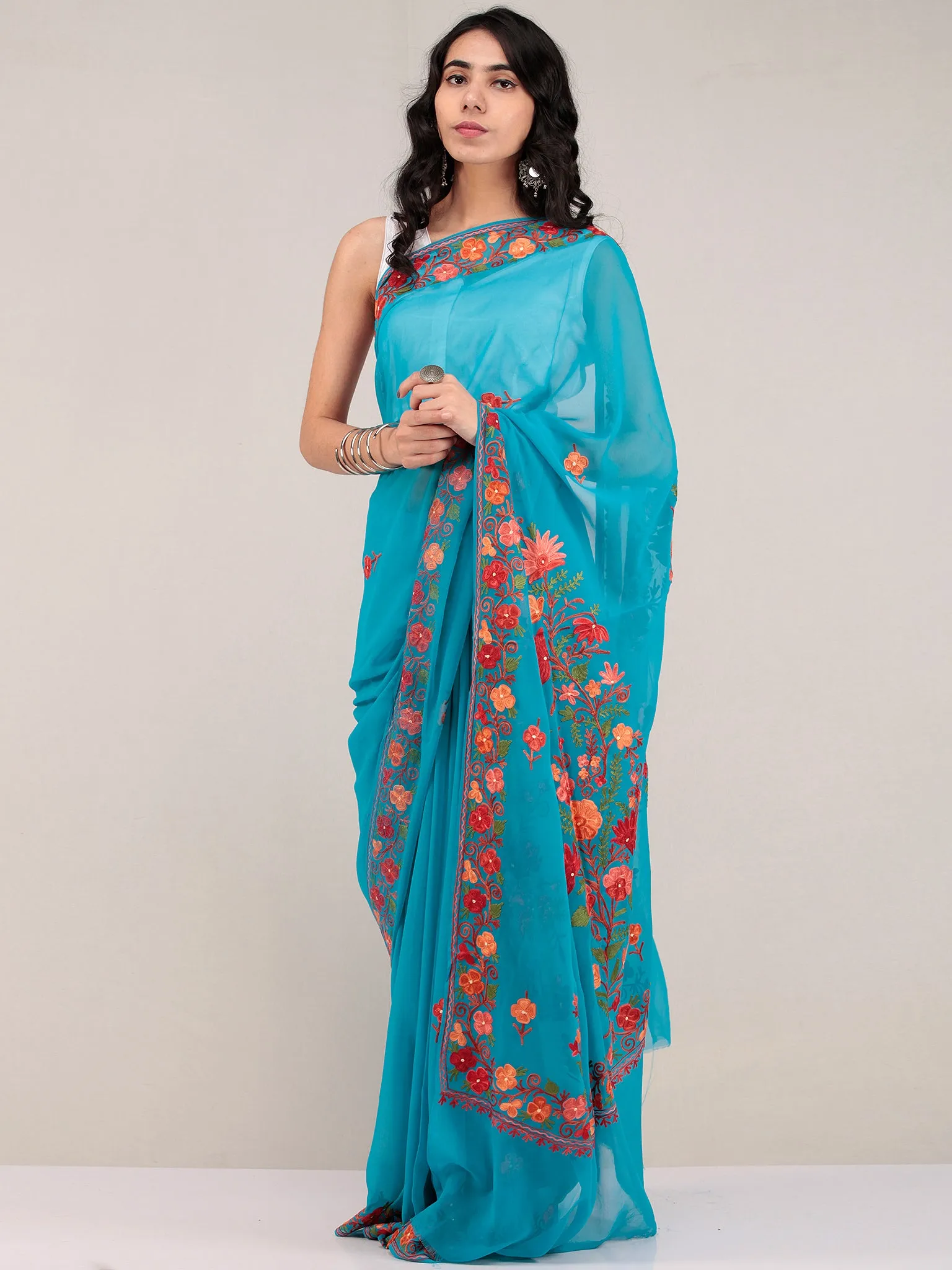 Blue Aari Embroidered Georgette Saree From Kashmir - S031704677