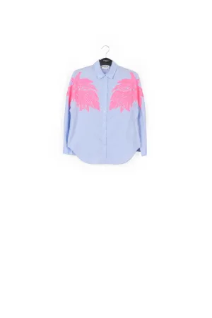 Blue and neon pink cotton embroidered shirt