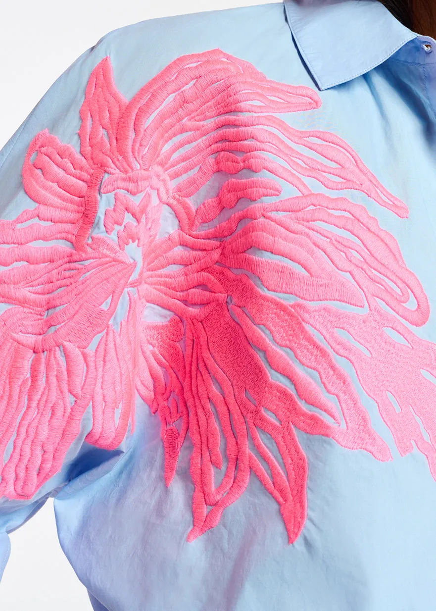 Blue and neon pink cotton embroidered shirt