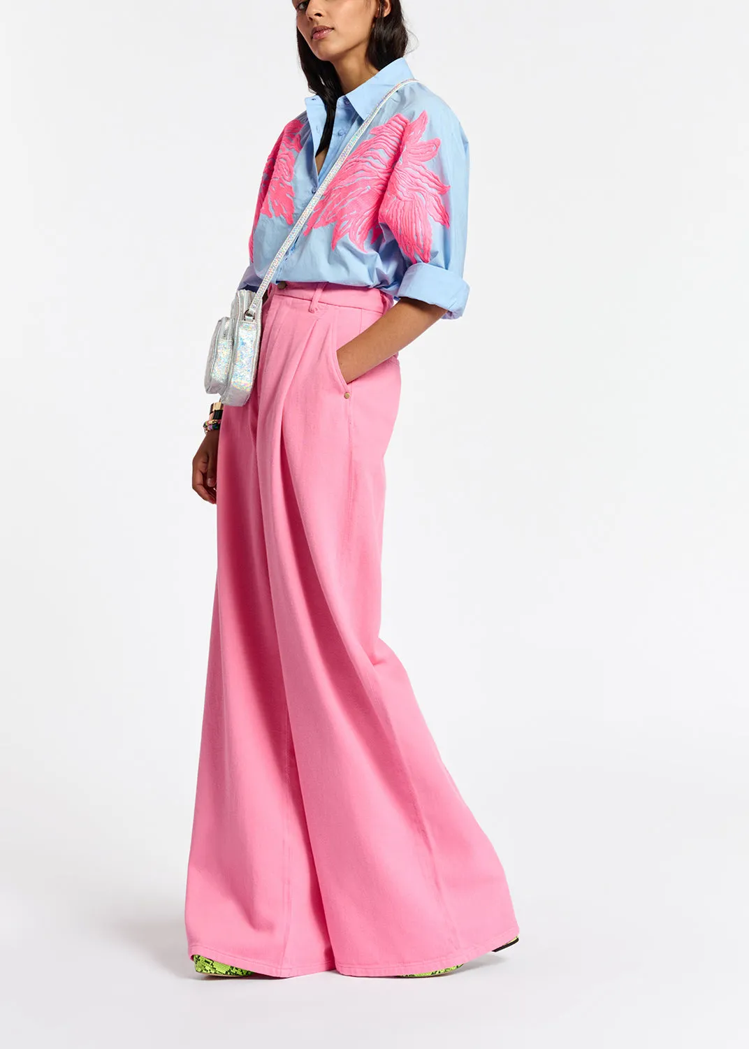 Blue and neon pink cotton embroidered shirt